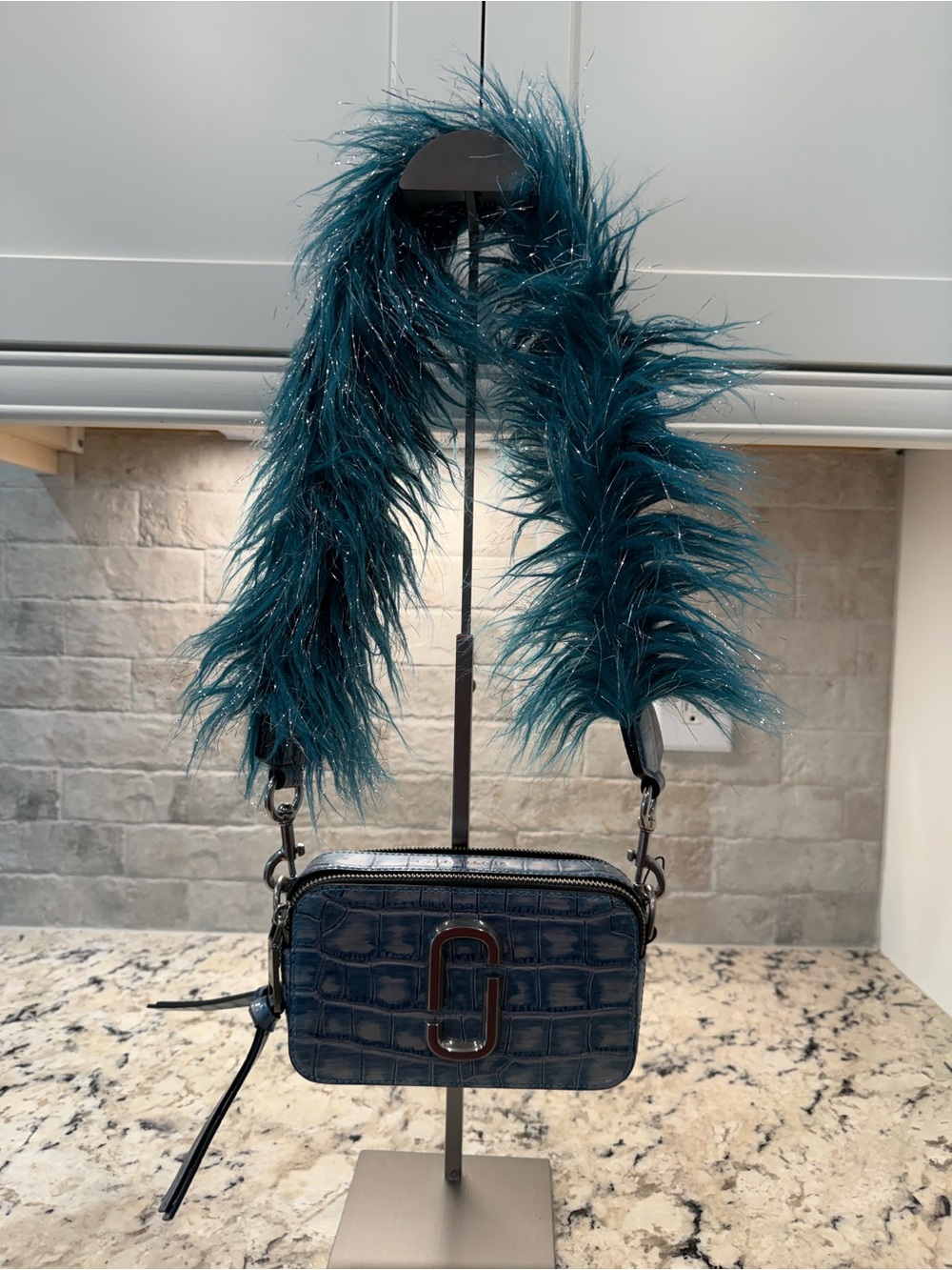 Marc Jacobs NWT Teal Croc-Embossed Camera Crossbody w/Feather Strap